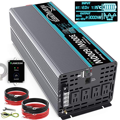 FLAMEZUM Pure Sine Wave Power Inverter 3000Watt DC 12 Volt to 120Volt Peak Power 6000Watt with LCD Display and Remote Control 2X 2.4A USB and 4X AC Outlets