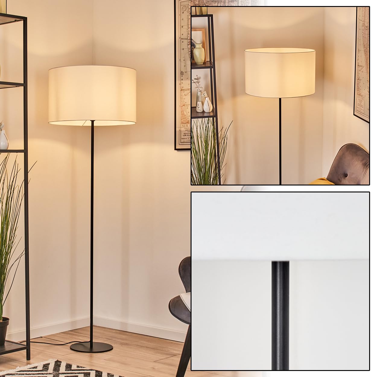 HOFSTEIN Stehleuchte Flemming, Stehlampe aus Metall im modernen Design mit Schirm aus Stoff, Ø 50 cm, 160 cm, E27, mit Fußschalter - Wohnzimmer, Schlafzimmer, Esszimmer, Flur