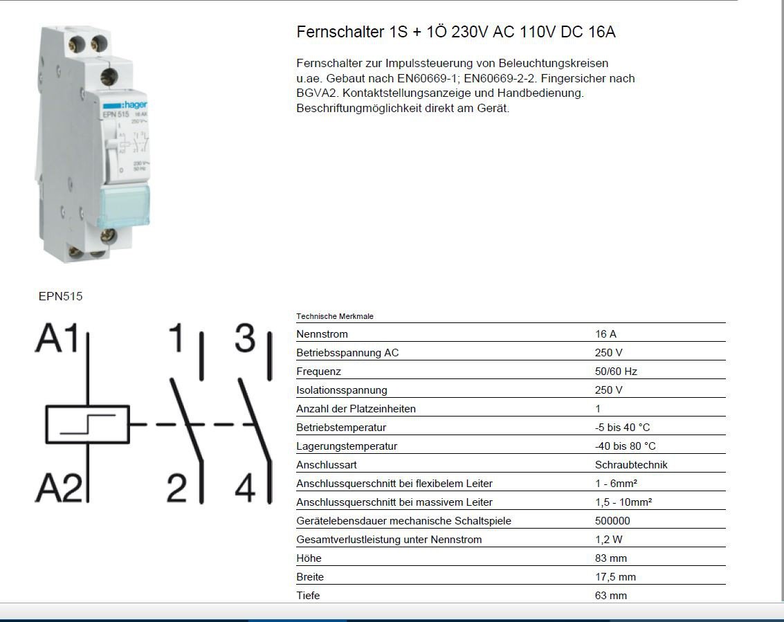 Telerruptor 230V, 16A, 1NA+1NC