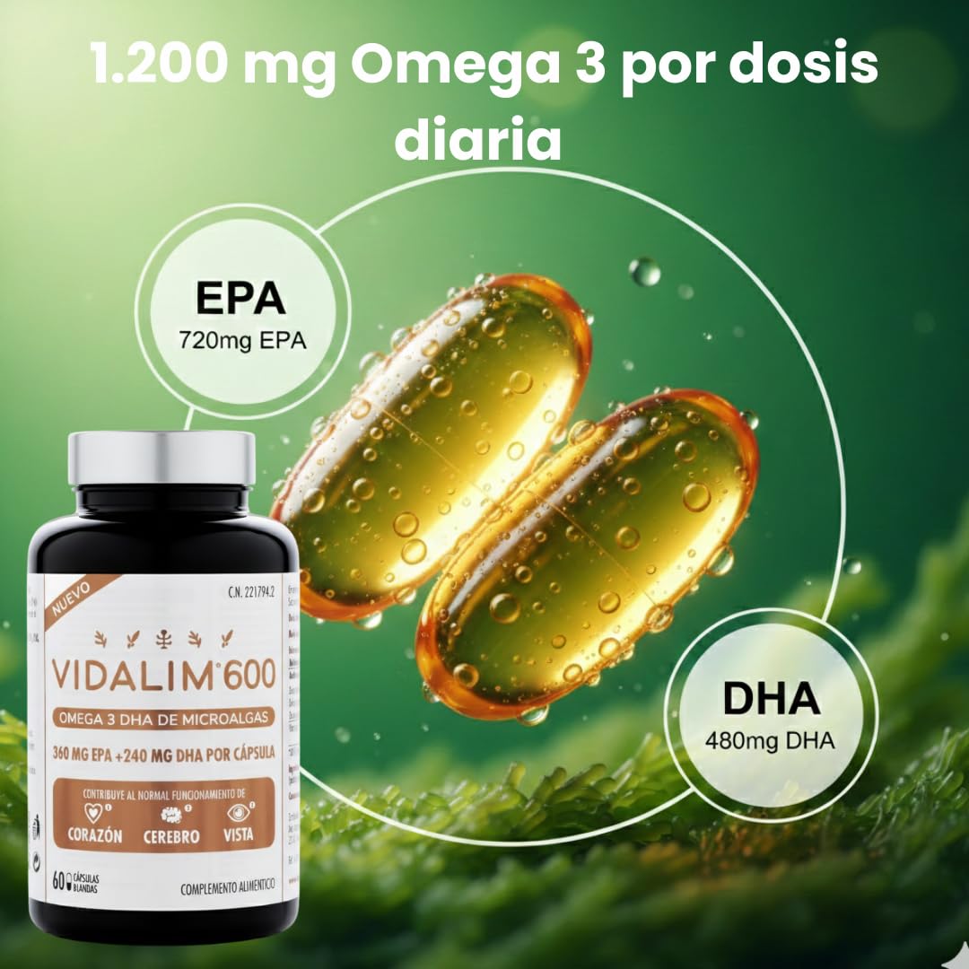 600 Omega 3 de microalgas.Una sola cápsula contiene 360 mg EPA y DHA 240 mg + Vitamina E. En forma de triglicliceridos para una mejor absorción. Concentración y pureza. 60 cápsulas blandas.