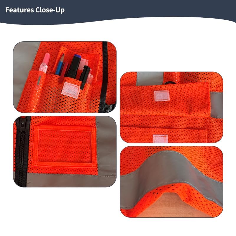 Image of High Visibility Safety Vest with Reflective Strips & Pockets | High Visibility | 360 Reflective Strips | 5 Pockets | Zipper Front | Lightweight Polyester | ANSI /ISEA 107 Class 2 Type R
