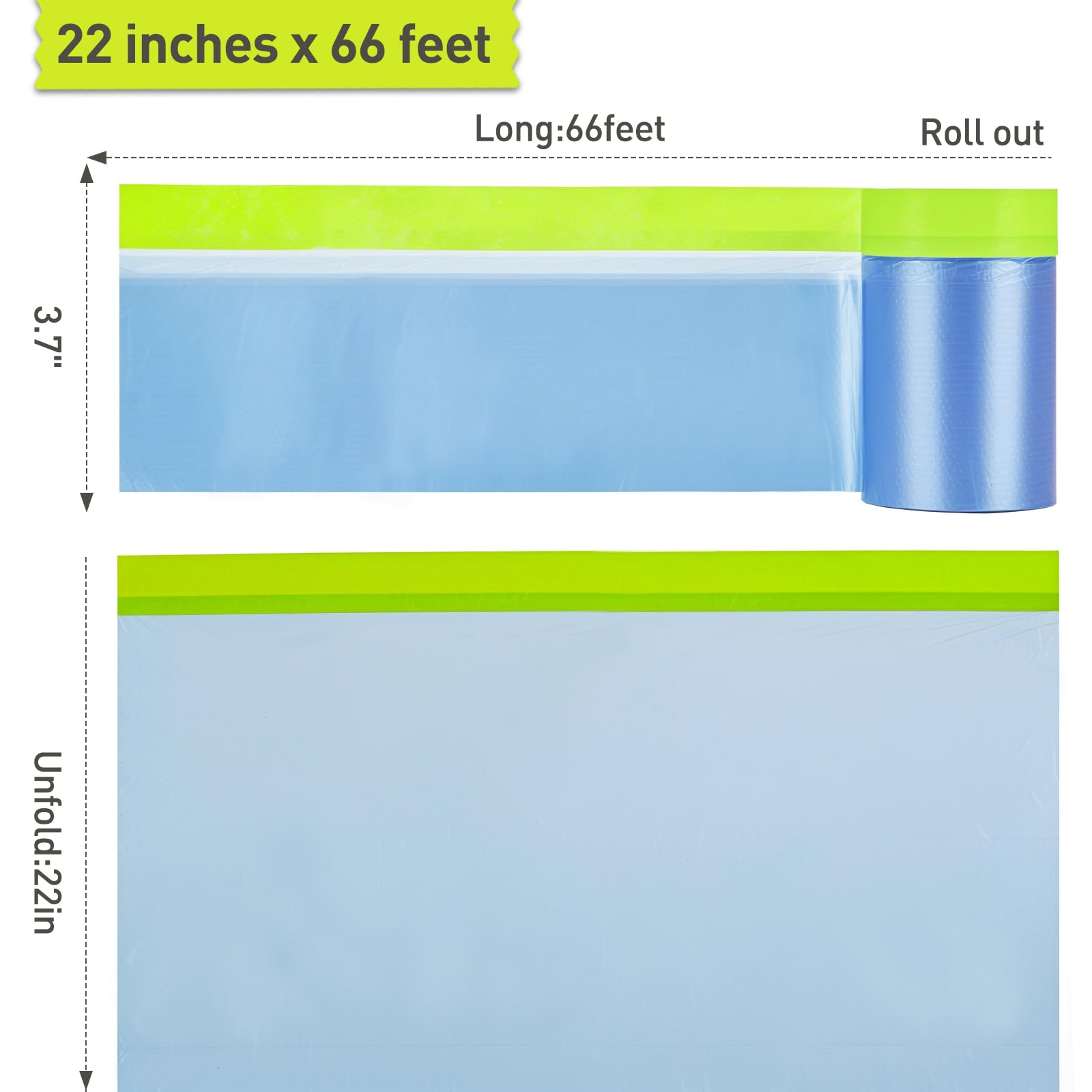 Película de enmascaramiento presellada para pintar, láminas de plástico para pintores de 55.88 cm x 16.6 m con cinta de pintura automotriz y cortina para cubrir automóviles, paredes, ventanas y