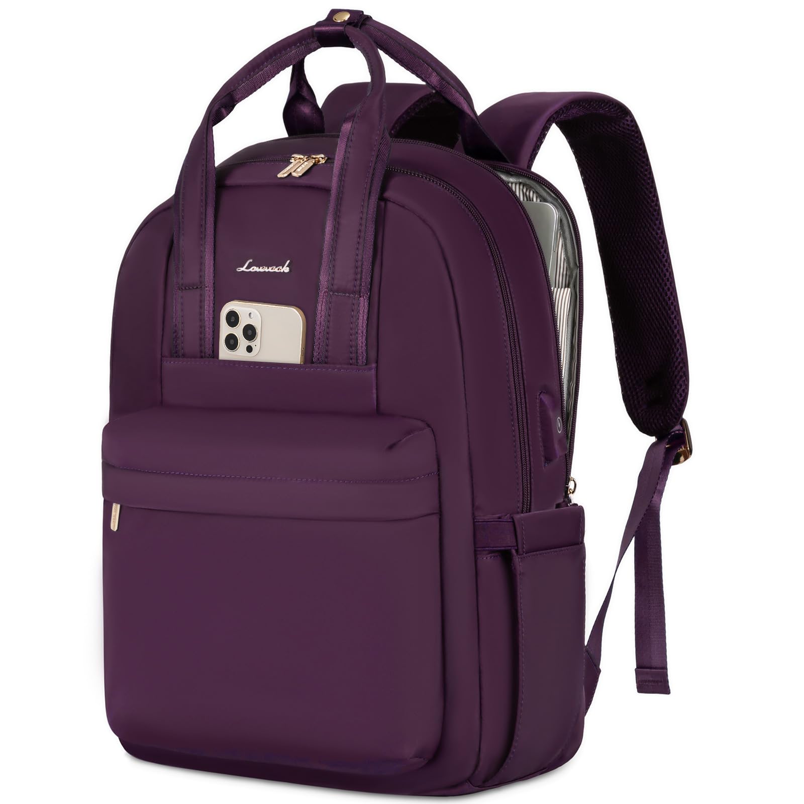 LOVEVOOK Laptop Rucksack Damen, 15,6 Zoll Schulrucksack Teenager mit USB Ladeanschluss, Wasserdicht Tagesrucksäcke Reiserucksack, Elegant Travel Backpack für Schule Büro Reise, Dunkelviolett