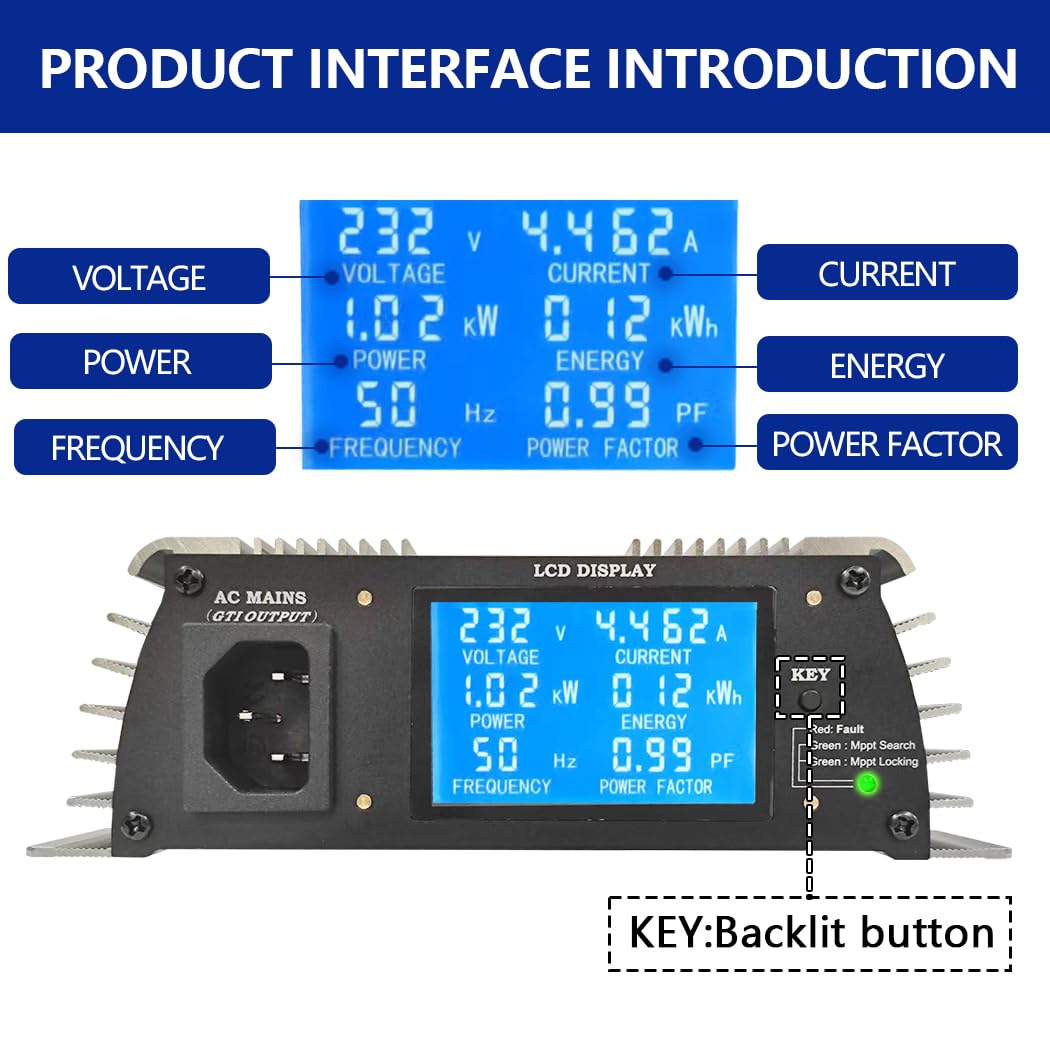 Y&H 1000W Grid Tie Wechselrichter mit AC Digital Display Stackable MPPT Pure Sine Wave DC30-50V Solar Input AC190-260V Output für 24V 30V 36V PV Panel