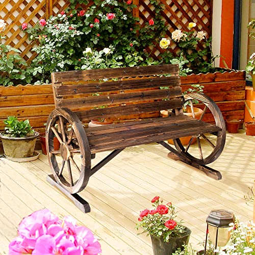 Image of 41 inch Wooden Wagon Wheel Bench, Rustic Outdoor Patio Weather Resistance Furniture, 2 Person Slatted Seat Bench with Backrest, Carbonized