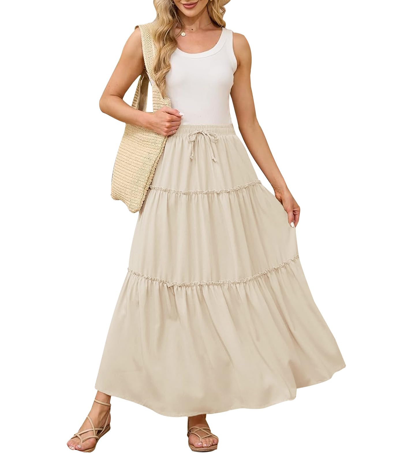 Genfien Jupe Femme Longue Maxi Plissée en Ligne A Bohême Tour de Taille Elastique Jupe avec Poches
