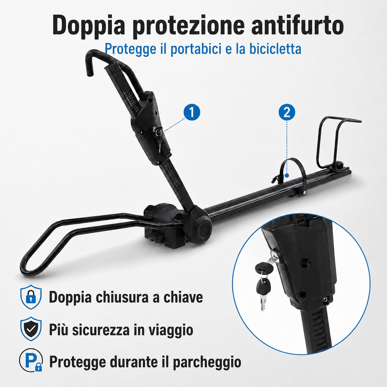 Portabici universale con protezione antifurto per auto SUV fino a 38 pollici | Con doppia chiusura e fissaggio a quattro punti, altezza regolabile da 75 a 98 cm per un trasporto sicuro