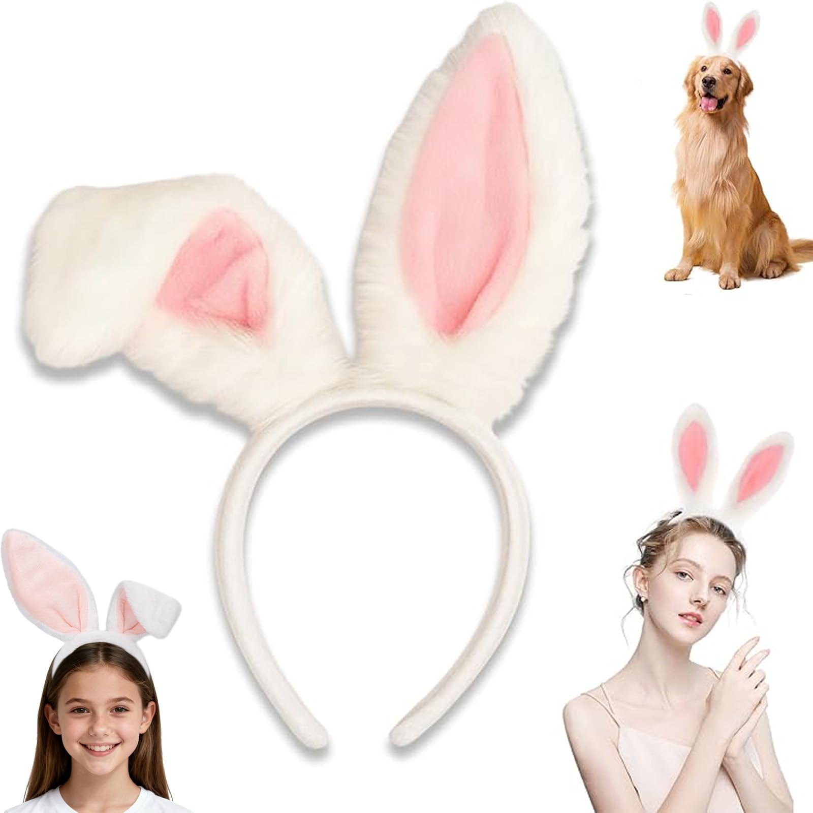 Novastream Bunny Ears Headband Cute Easter Plush Rabbit Ears Hairbands Cosplay Costume Fancy Dress Up Accessories Hair Styling Party Favor Decoration Fluffy Headpiece Easter Party Adults White&Pink