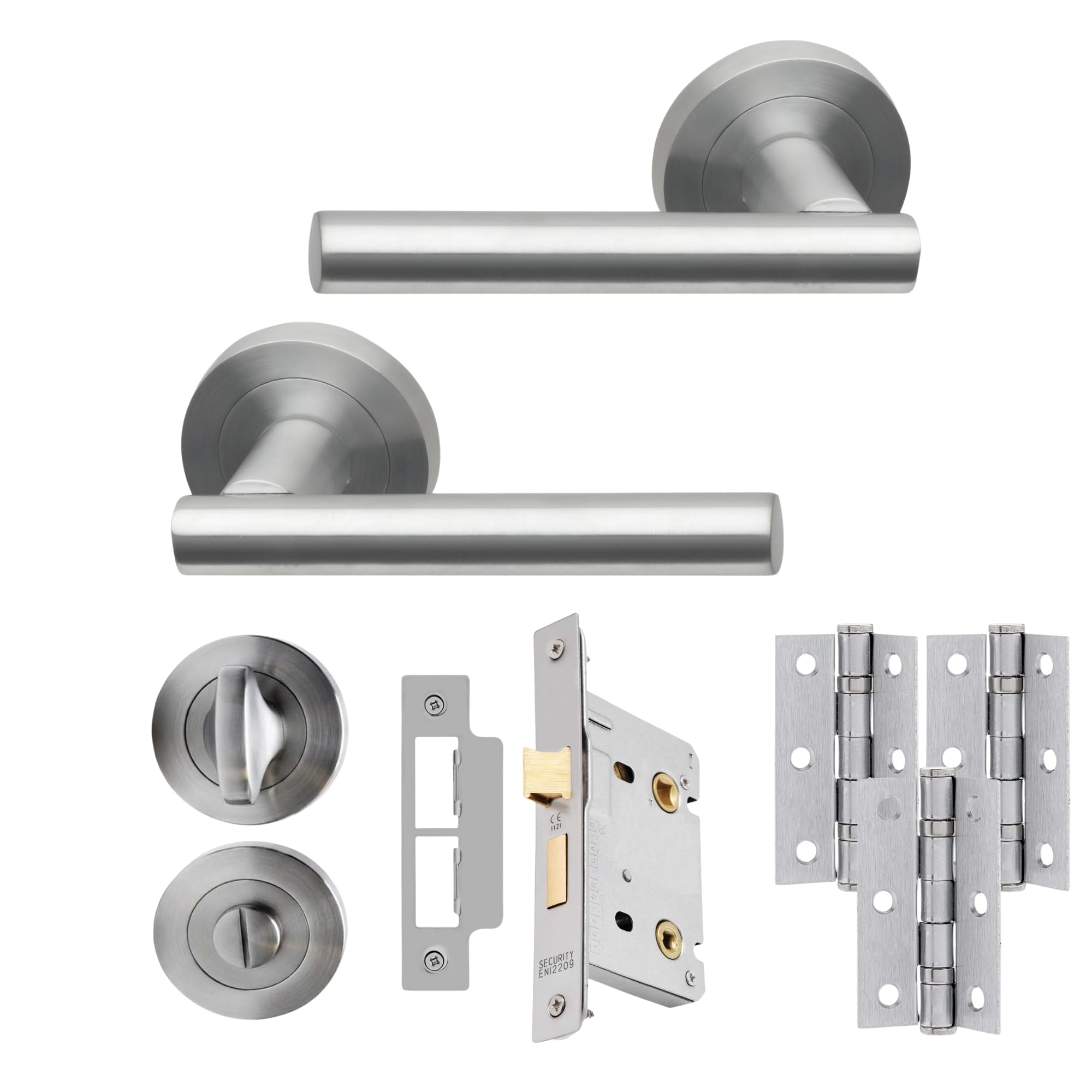 UAP Lynx Internal Door Handles Bathroom Pack with Lock, Hinges, and Escutcheon Satin Chrome Polished, 65mm