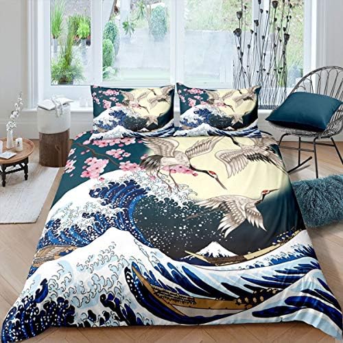 Japanese Style Comforter Cover Set Queen Size,Cherry Blossoms Crane Printed Decor Bedding Set for Kids Girls Women Bedroom Decor,Sea Waves Quilt Bedspread Traditional Retro Theme Duvet Cover Set