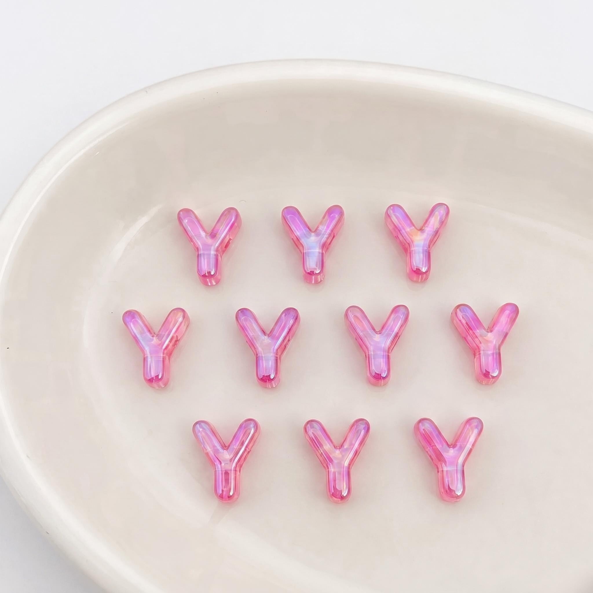 Letter Beads 10pcs, Large Acrylic Alphabet Beads with 6mm Hole, Iridescent Holographic UV Plated for Bracelet Making, Jewellery, Keyrings & Craft (Iridescent Pink, Letter Y)