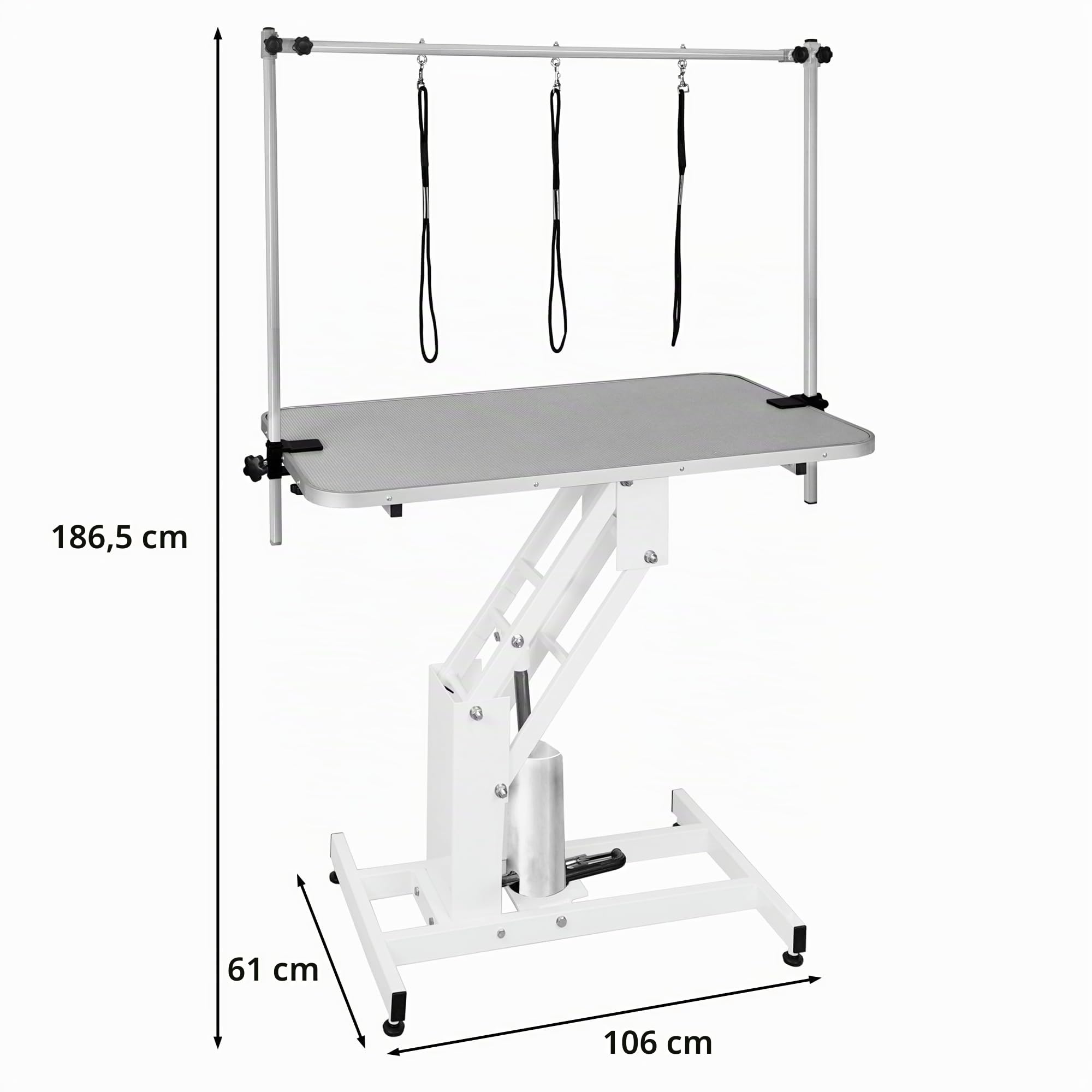 Hydraulischer Hundepflegetisch Höhenverstellbar Profi Trimmtisch | für Tiere bis zu 180kg | 106 x 61cm Gummioberfläche, 4 anpassbare Stallfüße & 3 Schlaufenleinen [Weißer Rahmen & Grauer Tisch]