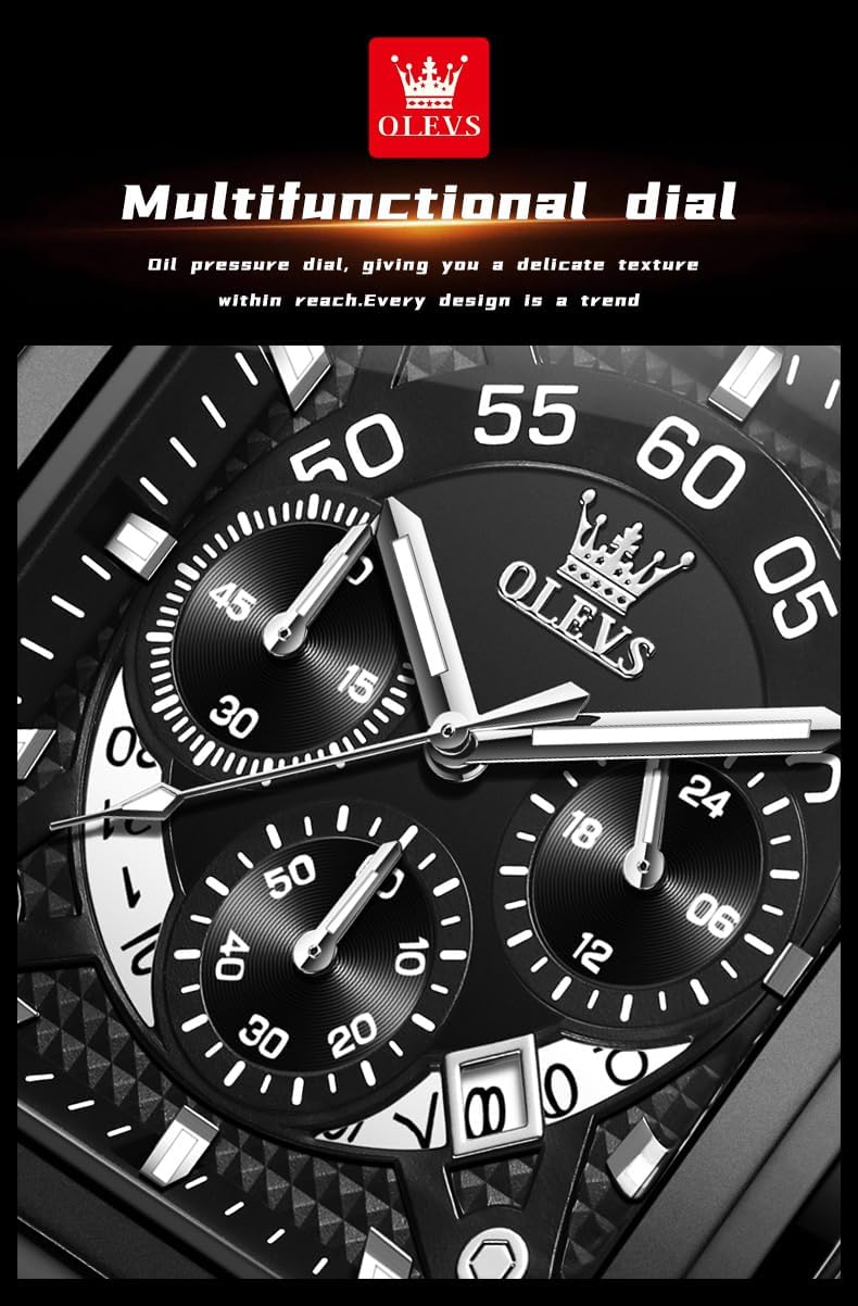 OLEVS Stylish Wrist Watch for Men,Silicone Strap Men Watches,Pro Diver Stainless Steel Chronograph Watch,Waterproof Date Dress Watch for Man,Large Face Male Watch - Image 7