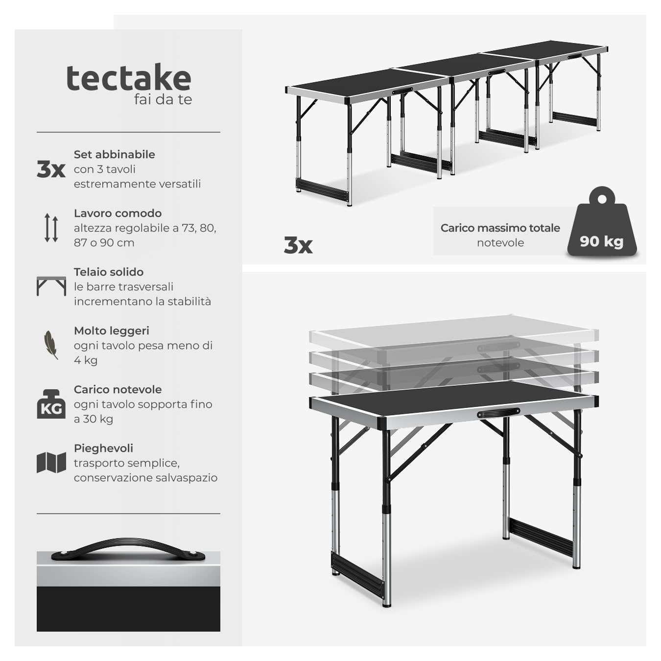 tectake® Tavolo da Lavoro Pieghevole in Alluminio, Multifunzionale, 300x60 cm, Tre Pezzi, Tavoli Pieghevoli da Lavoro, Regolabili, Tappezzeria, Feste, Campeggio, Stabili, Montaggio Rapido, Peso 11 kg