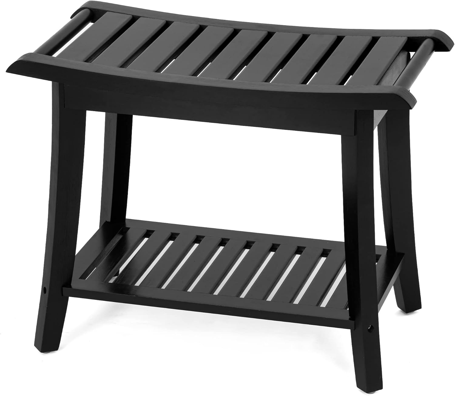 Bamboo Shower Bench Inside Shower Stool with Storage Shelf, Spa Bath Chair for Bathroom, Seat or Organizer for Living Room, Bedroom and Garden - Great for All Ages Unisex Elderly (Waterproof, Black) Large 24x12x18 Inch Black