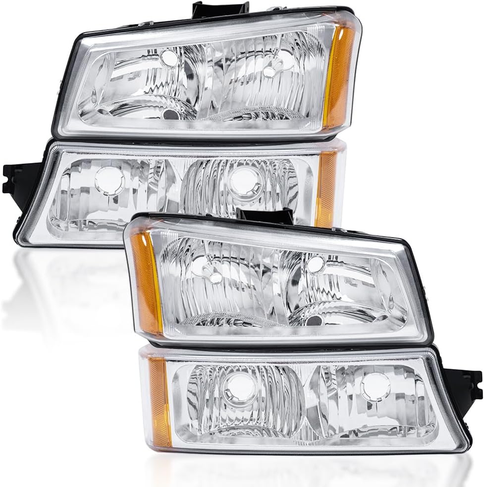 CNNELL Headlights Assembly, Compatible with Chevy Silverado Avalanche 2003-2006 1500 2500 3500&HD Driver and Passenger Side, Clear lens Chrome Housing Amber Reflector