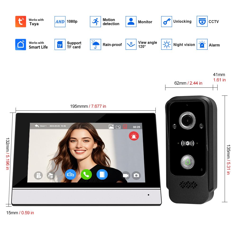WiFi Sistema Videocitofono a Campanello 1080P HD Videocamera RFID con Monitor da 7 Pollici Touch Screen per la Casa, IR di Visione Notturna, Registrazione, Tuya APP Sblocco