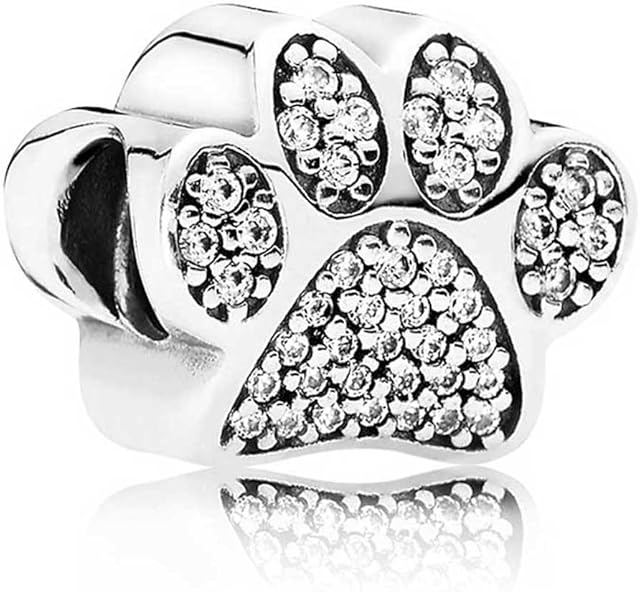 Silver Crystal Animal Pet Dog Paw Charm Bead - Charm Bracelet Puppy Pooch Kitten Cat