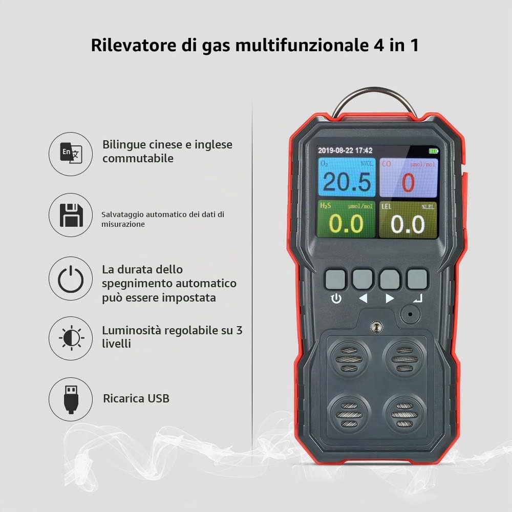 Rilevatore di gas 4 in 1, rilevatore di gas multigas portatile Rilevatore di monossido di carbonio portatile digitale Tester di gas solfuro di idrogeno con display LCD