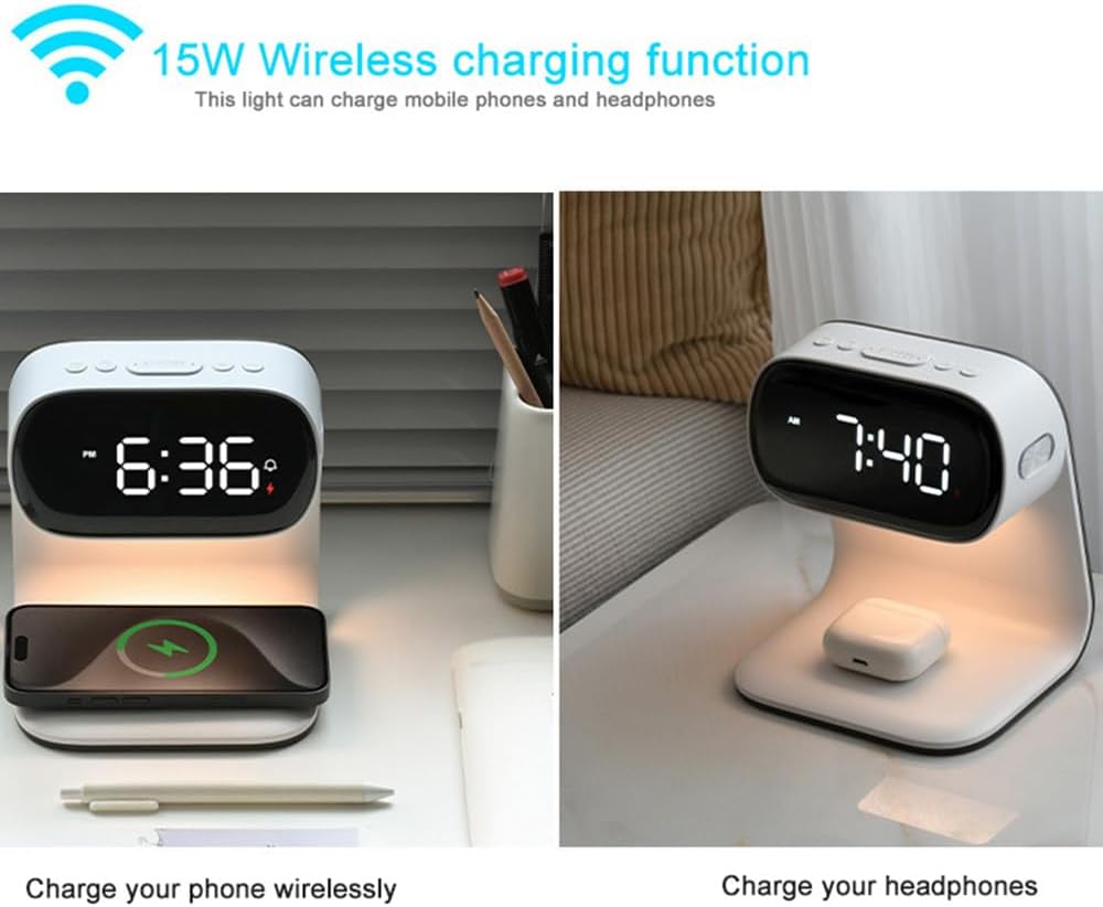 IHAO 3in1 Multi-Functional Wireless Charging Alarm Clock Smart Night Light Qi Charger LED Digital Clock Adjustable Light 15W Fast Wireless Charging for All Qi Phone and TWS Headphone