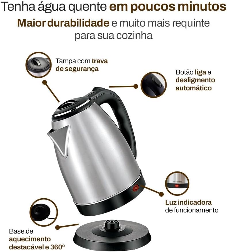 Chaleira Elétrica Inox 2 Litros 127V 1000W Desligamento Automático Base Giratória 360° Tampa com Trava Alça Isotérmica Chaleira Elétrica Inox 2 Litros 127V 1000W Desligamento Automático Base Giratória 360° Tampa com Trava Alça Isotérmica
