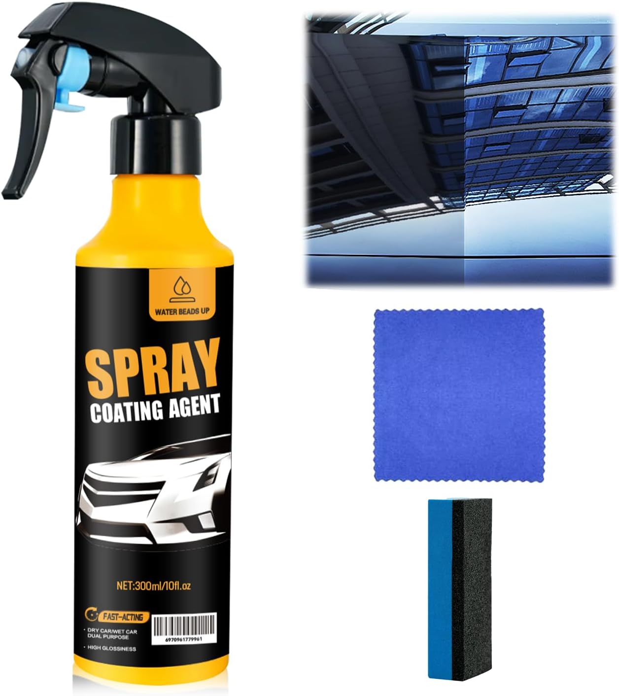 Nano Car Coating Spray Kit, Nano Hydrophobic Ceramic Coating, Auto Paint Protection, Ceramic Coating for Cars Includes Microfiber Cloth(1PC*300ml +1*Sponge+1*Cloth)