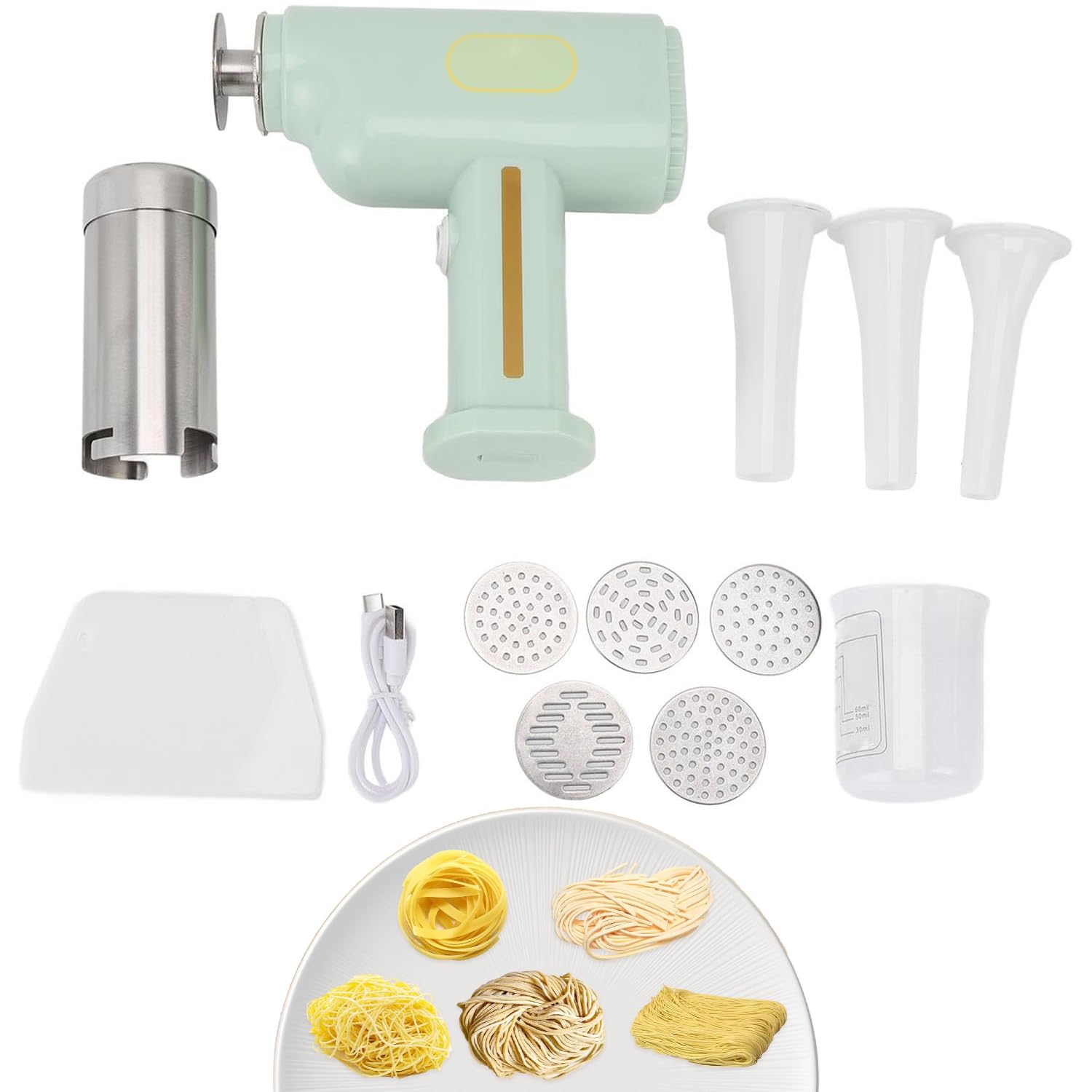 SELLERFLOR Handheld Electric Pasta Maker, 5-in-1 Cordless Pasta Maker Machine, Portable Noodle Maker with Noodle Molds, Automatic Noodle Press Machine, Homemade Spaghetti Maker for Kitchen-image-36