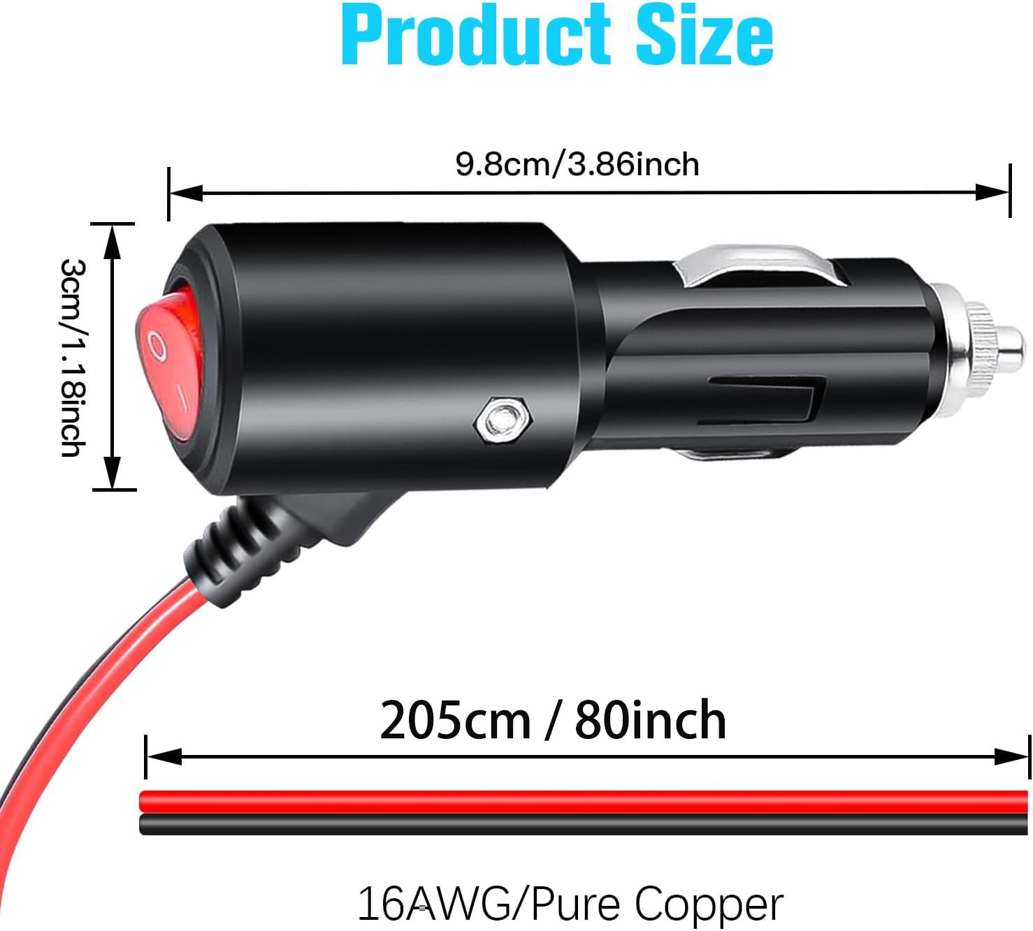 GTIWUNG 1 Pezzo Spinotto Presa Accendisigari Auto con interruttore 110CM 16AWG +1 Pezzo 12V Auto Accendisigari Cavo, Maschio Presa Accendisigari Adattatore 15CM 16AWG per Auto,SUVs