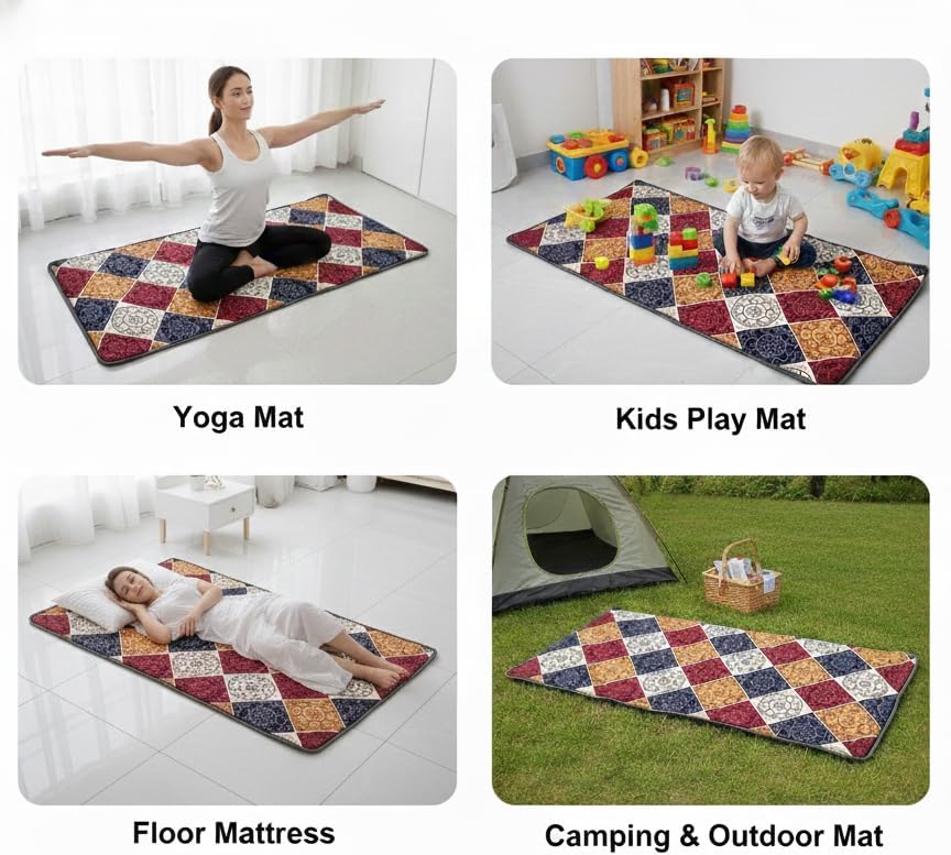 Image of K25 Cotton Floor Bed Mattress with High-Density Foam for Extra Bedding | Lightweight Portable Rolling Mat for Travel Yoga Outdoor & Camping (Size: 72x48x0.8 Inch, Multicolor)