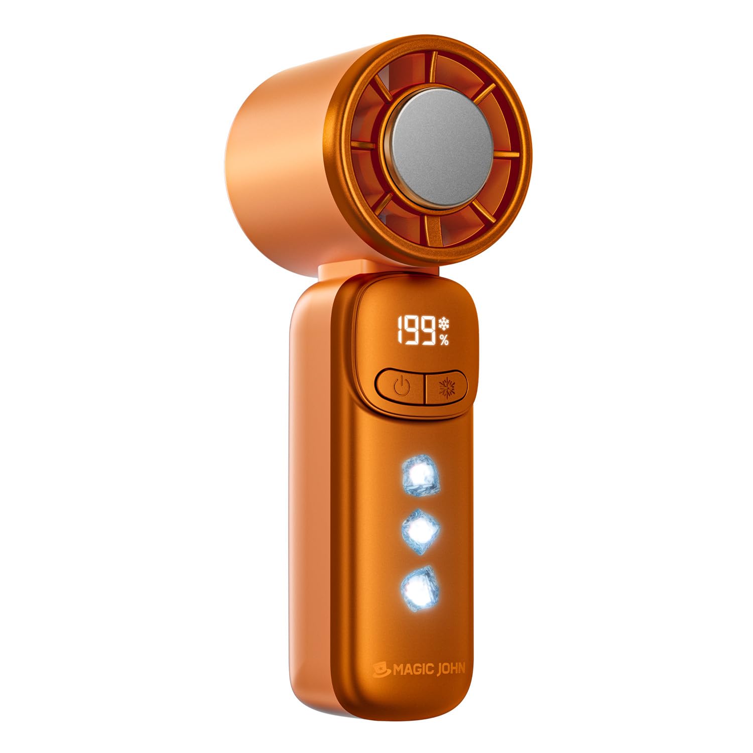 MAGIC JOHN Portable Handheld Fan with Ice Cooling, 199 Speeds Hand Held Fans, USB Rechargeable [11H Max Cooling Time], Mini Fan for Travel, Commuting, Office, Camping & Makeup, Orange