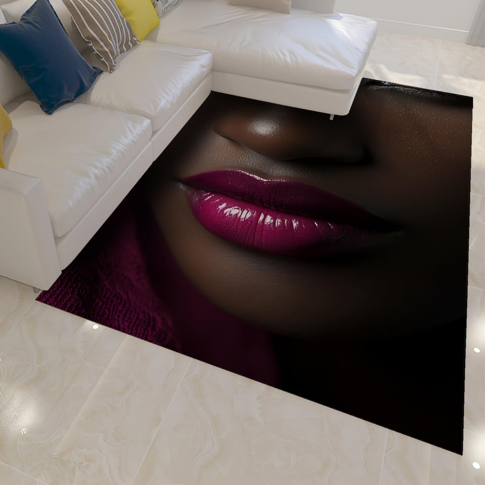 Tapis de Style Moderne 180x300cm - Visage de Femme Noire Africaine Gros Plan lèvres Roses Motif antidérapant à Poils Ras Mince Tapis Pliable pour Le Bureau