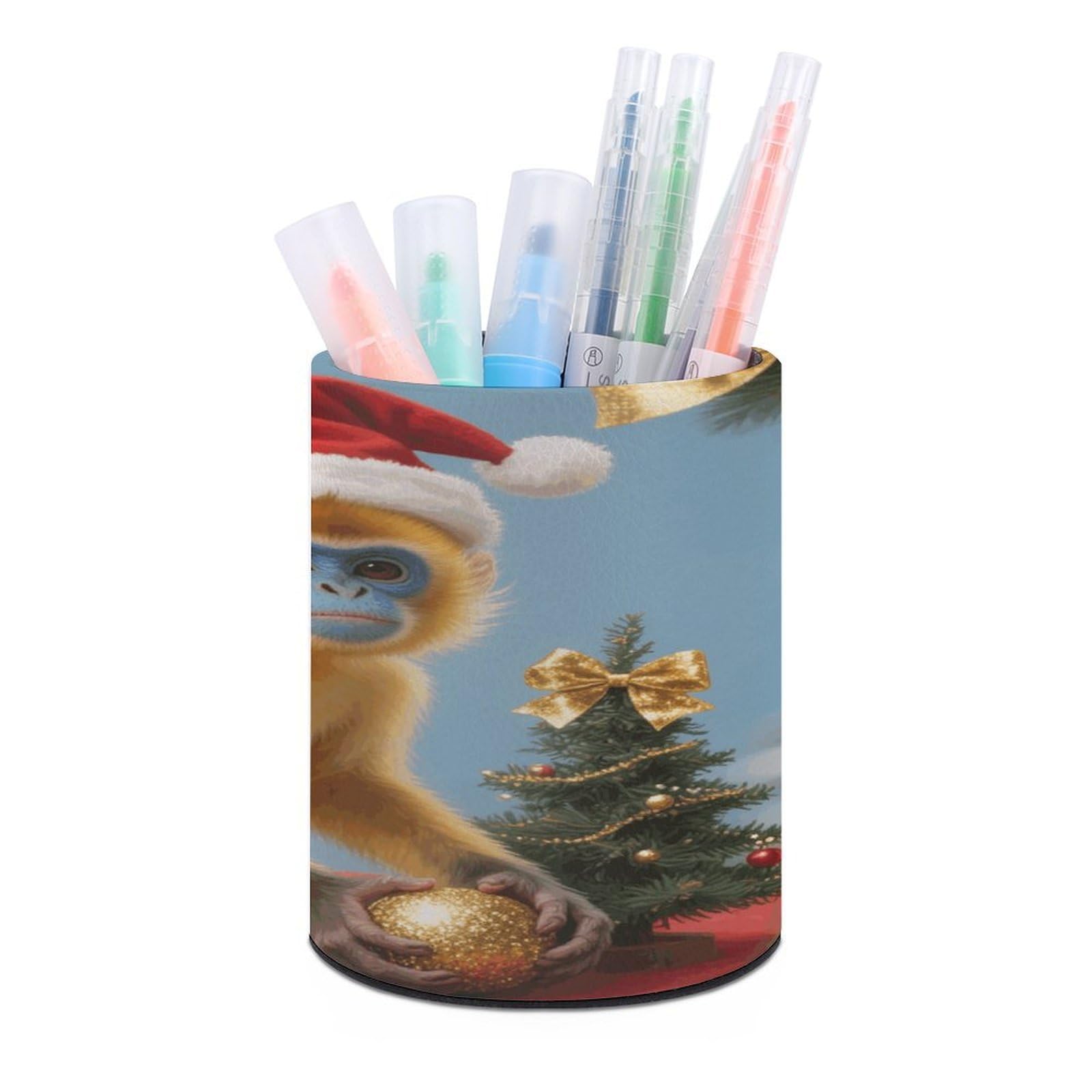 VstaDank - Christmas Monkey Round Pen Holder Pencil Holder PU Leather Desk Organizer Brush Decoration Office Desk Home (3.1 x 3.9