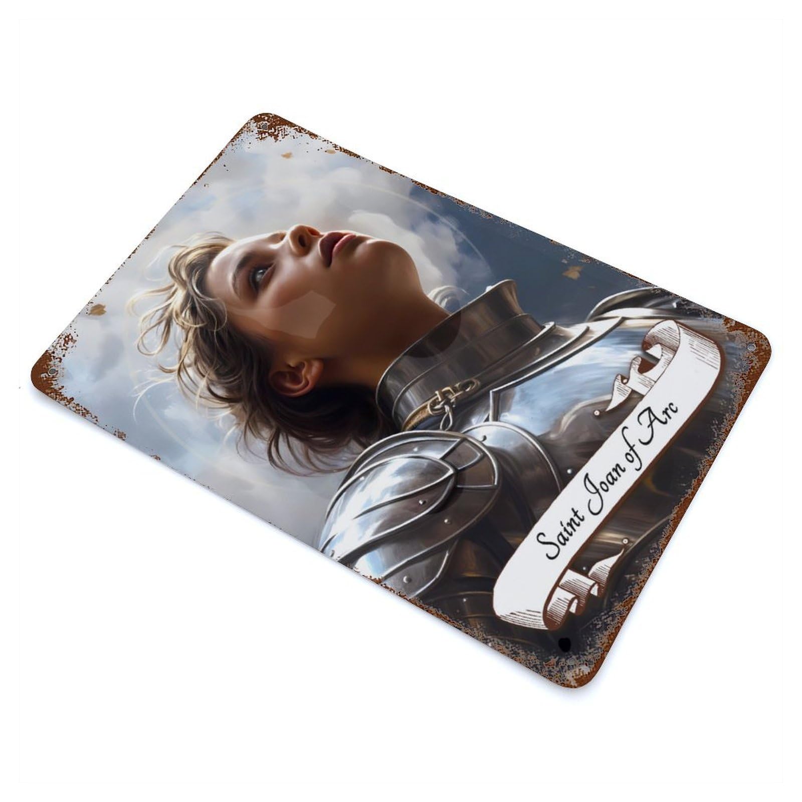 Aged Metal Wall Plaque with Saint Joan of Arc Design 11.8"x7.9", for Farmhouse, Kitchen And Entryway Decor, Retro Wall Decor