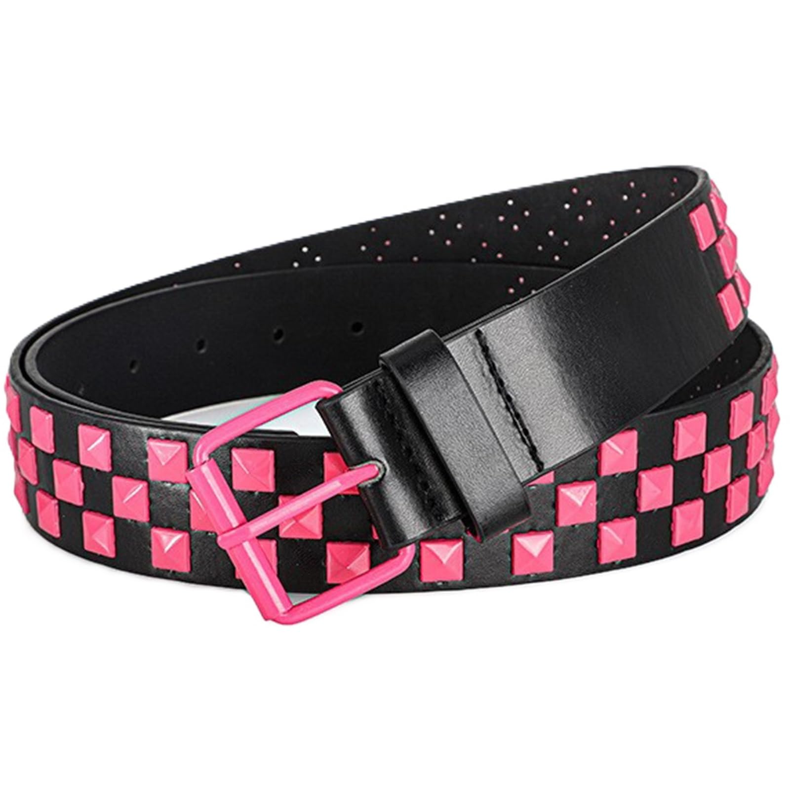 AGUTALITHIC Metal Punk Rock Studded Belt for Women Gothic PU-Leather Strap with Pyramid Four-Jaw Square Rivets Roller Buckle(110cm/43, Pink)