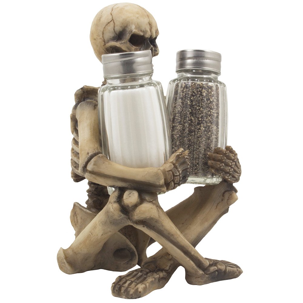 Home-n-Gifts Salz- und Pfefferstreuer-Set mit Skelett-Glasstreuern und Dekorativem Gewrzregal aus Kaltgussharz fr Halloween-Party-Dekoration und Kchenschmuck