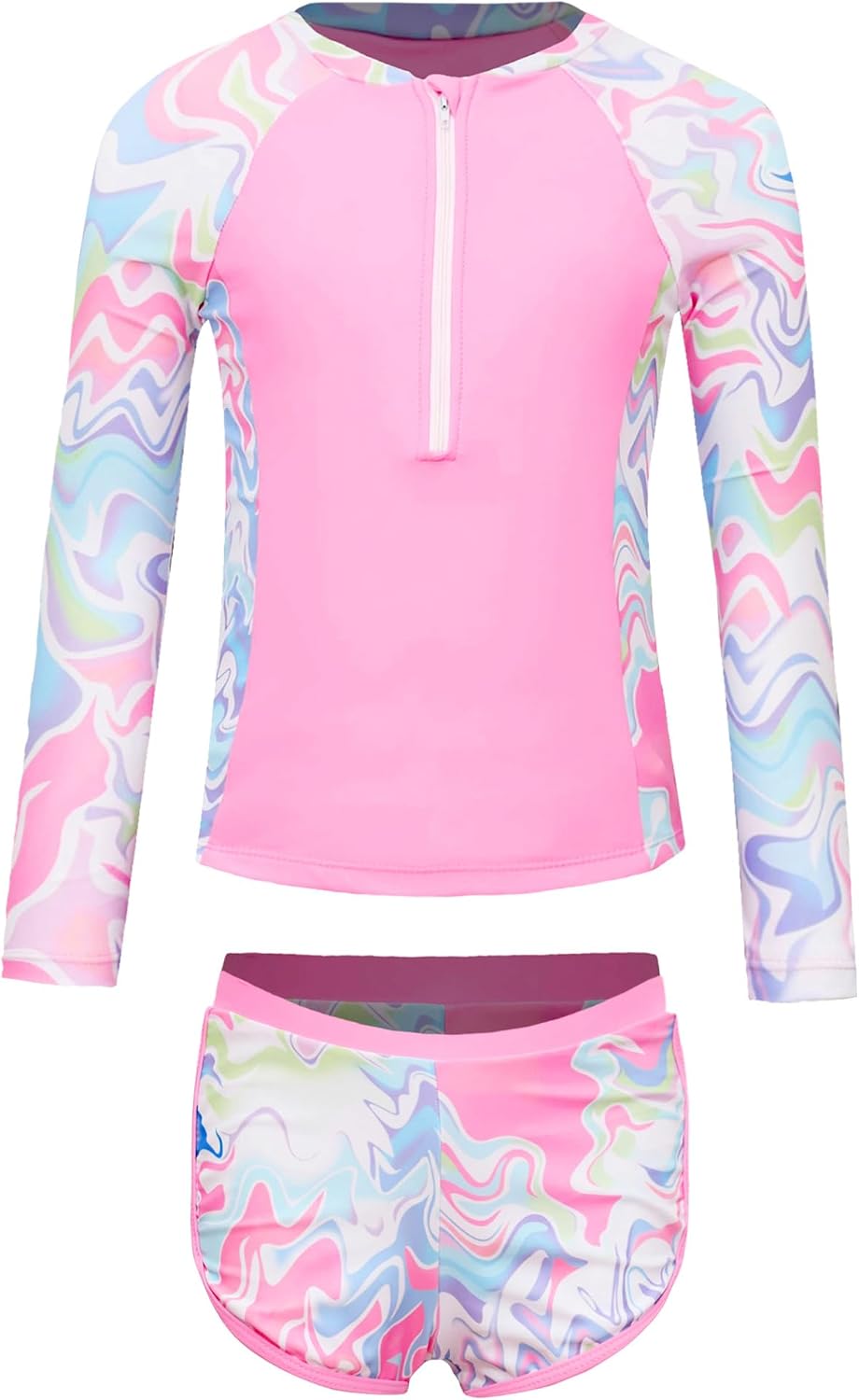 TiaoBug Kids Girls Floral 2 Pcs Rash Guard Sets Zip Neck Swim Shirts with Shorts Swimsuits