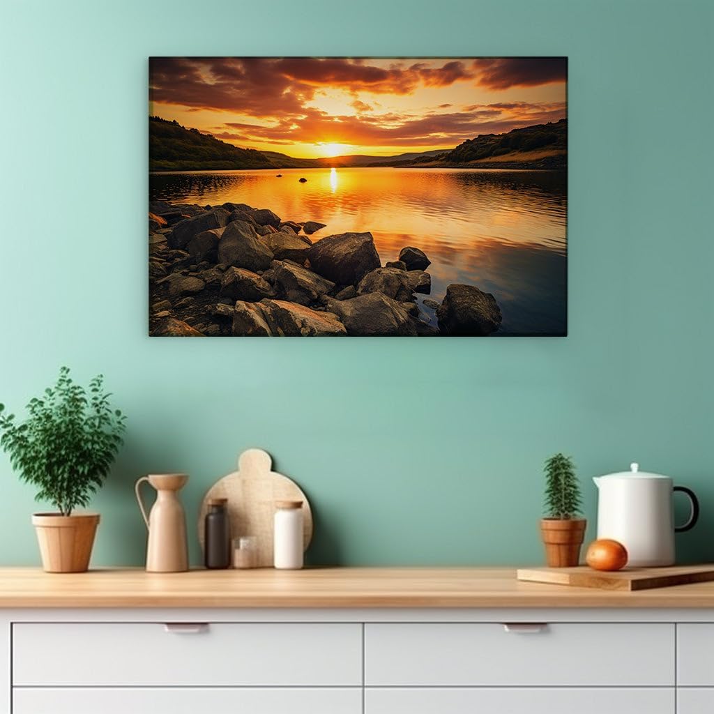 Canvas for Living room. Golden Sunset Serenity: An Ode to Peaceful Waters and Skies Ablaze, 27 x 18 inch Canvas Wall Art - Contemporary Masterpieces - Modern Home Decor