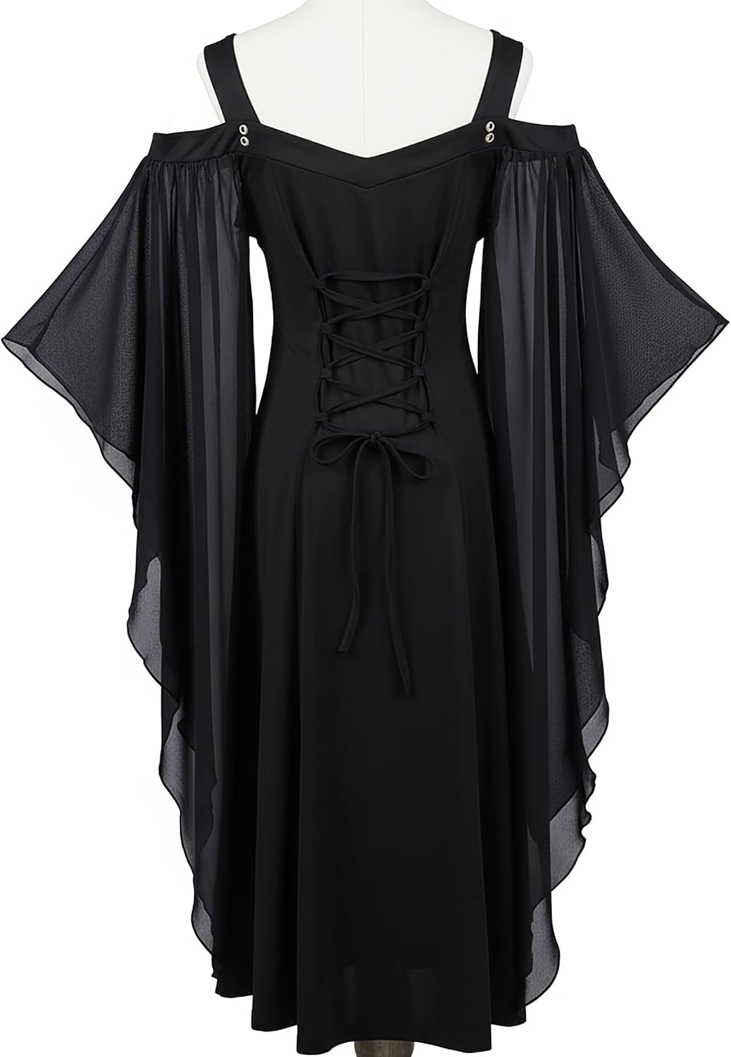 FEAPHY Women's Gothic Dress Vintage Chiffon Cold Shoulder Flare Sleeve High Low Dress - Image 2