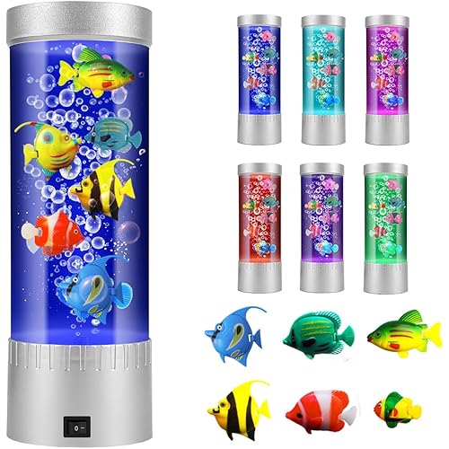 Bubble Fish Lamp with 6 Floating Fake Fish – LED Aquarium Night Light with Bubbles – Cylindrical Transparent Tank, Perfect for Kids’ Rooms, Offices, and Living Spaces