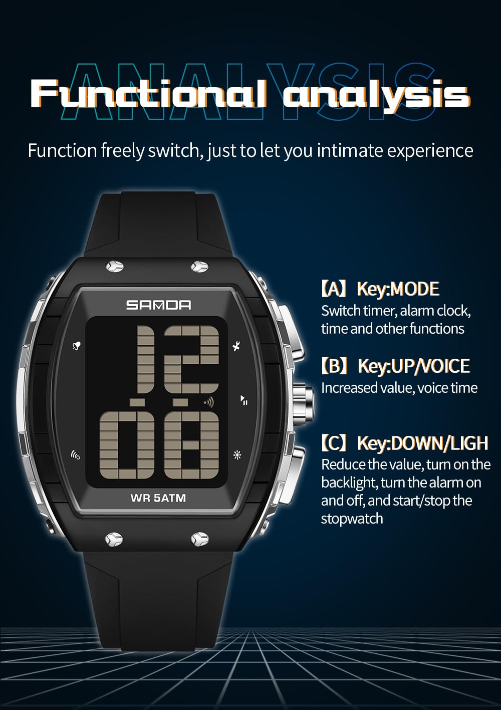 Gosasa Reloj digital parlante para hombre, esfera grande, LED, 5 ATM, impermeable, a prueba de golpes, reloj de pulsera deportivo con tiempo de voz, alarma, temporizador, retroiluminación, pantalla