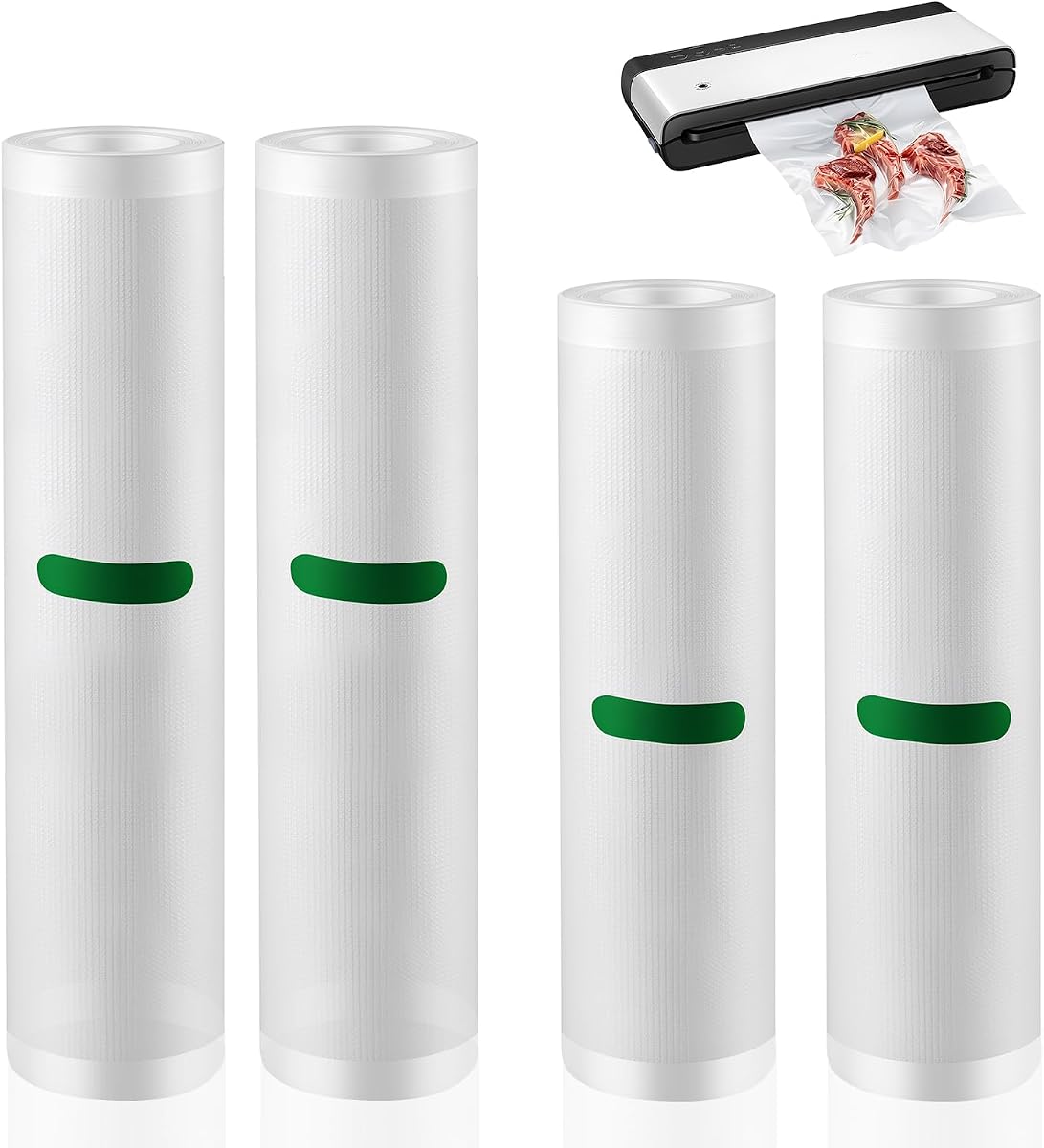 Paquete de 4 rollos de sellador al vacío compatibles con selladores al vacío FoodSaver | Bolsas de vacío gruesas de grado alimenticio, longitudes personalizables para almacenamiento al vacío, preparación de comidas y Sous Vide (7.8"x16.4' y 11"x16.4')