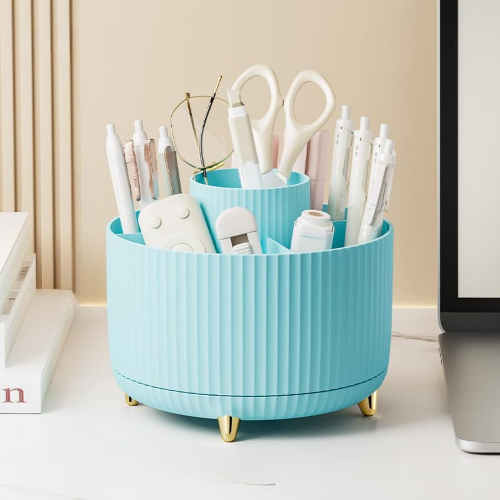 Guakk Blue 360° Rotating Desk Organiser - 5-Slot Pen Holder & Cosmetic Brush Storage, Plastic Desktop Tidy Accessories For Office/School/Home (Blue)