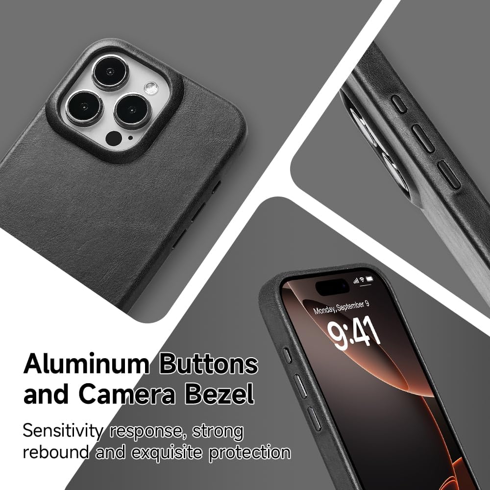 Compatible with MagSafe Genuine Leather Phone Case for Apple iPhone 16 Pro 6.3 in Black,for Wireless Charging Protective Case with Strong Magnetic,Metal Buttons Camera Bezel Bump Slim Fit Soft