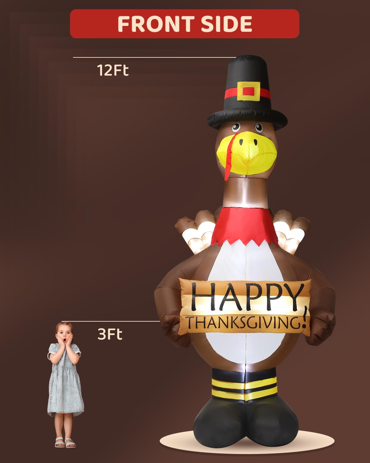 12FT Giant Blow Up Thanksgiving Inflatable Turkey Outdoor Decorations with LED Lighted，Metal Floor Insert，Autumn Pilgrim Hat Feature - Perfect for Festive Home Display, Yard, Lawn & Garden Decor