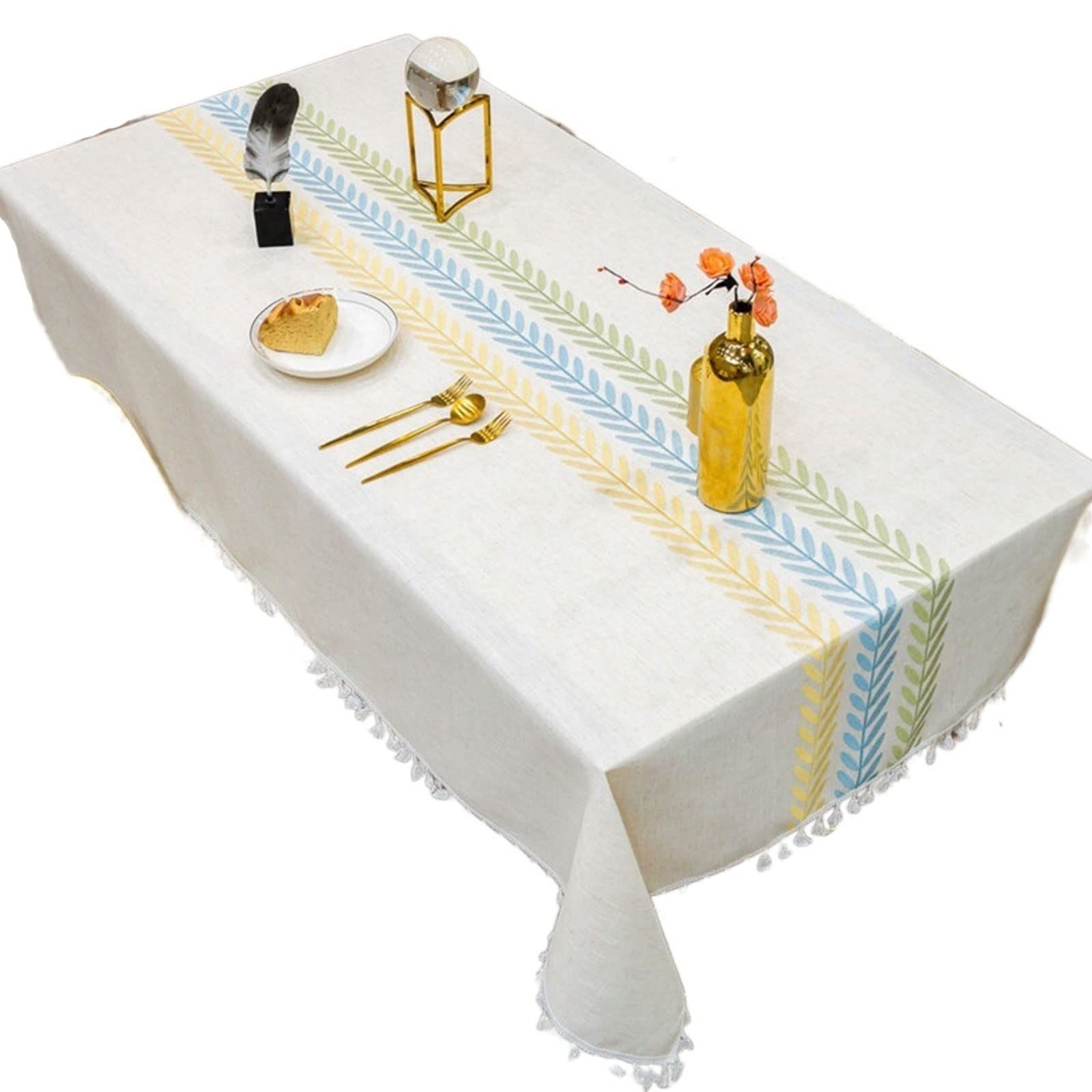 JINGYAN Tablecloths Embroidery Decorative Linen Tablecloth With Tassel Waterproof Oilproof Thick Rectangular Wedding Dining Tea Table Cloth(140x180cm)