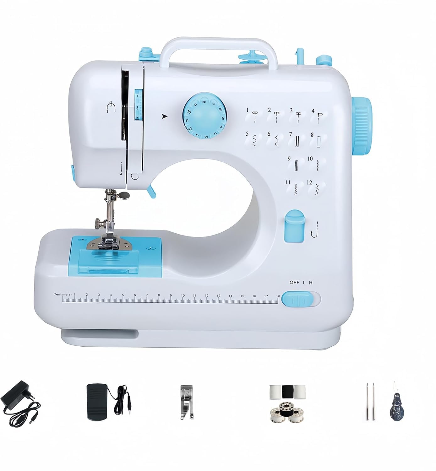 Mini macchina da cucire per principianti, 12 punti, per uso domestico, macchina da cucire multifunzione a doppio filo per bambini, alimentata a corrente e batteria, con luce LED (Blu)