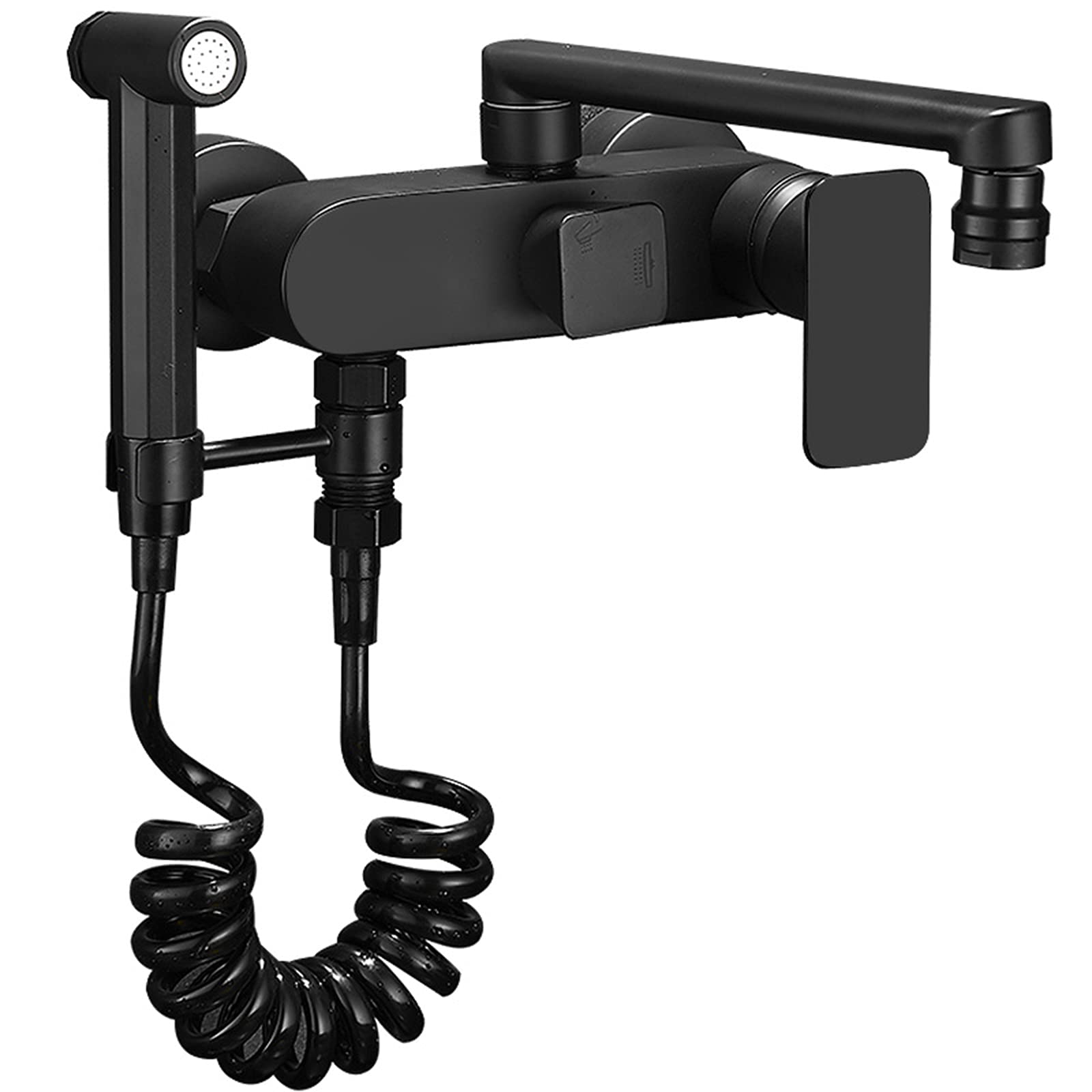 Rubinetto for lavello da Cucina con Montaggio a Parete da Cucina Nero Opaco con spruzzatore, Miscelatore da Cucina monocomando for Acqua Calda e Fredda in Ottone con Bocca Girevole a 360°