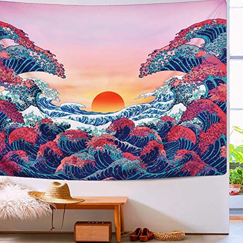 Gspirit Oceano Ola Tapiz Puesta de Sol Tapiz japonés Tapiz para Habitación 150x130 cm