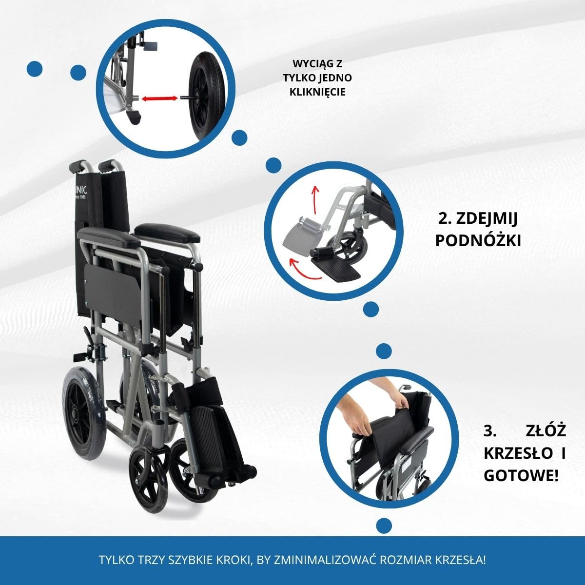 Mobiclinic, Składany wózek inwalidzki, Marsella, Kółka z możliwością szybkiego zwolnienia po naciśęciu przycisku, Stabilny, Siedzisko 46 cm, Dźwignia hamulca, Srebrny