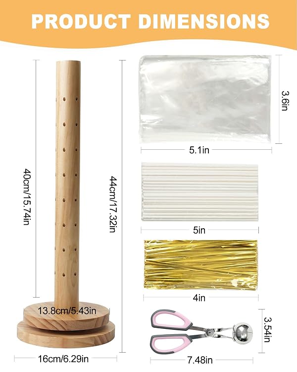 PROKITCHEN Wood Cake Pop Stand Kit 48 Holes with Spinning Base, Wooden Lollipop Holder Candy Table Display Decorative Dessert Stand with Cake Pop Scooper, Paper Sticks, Clear Treat Bags & Twist Ties by PROKITCHEN - Image 3